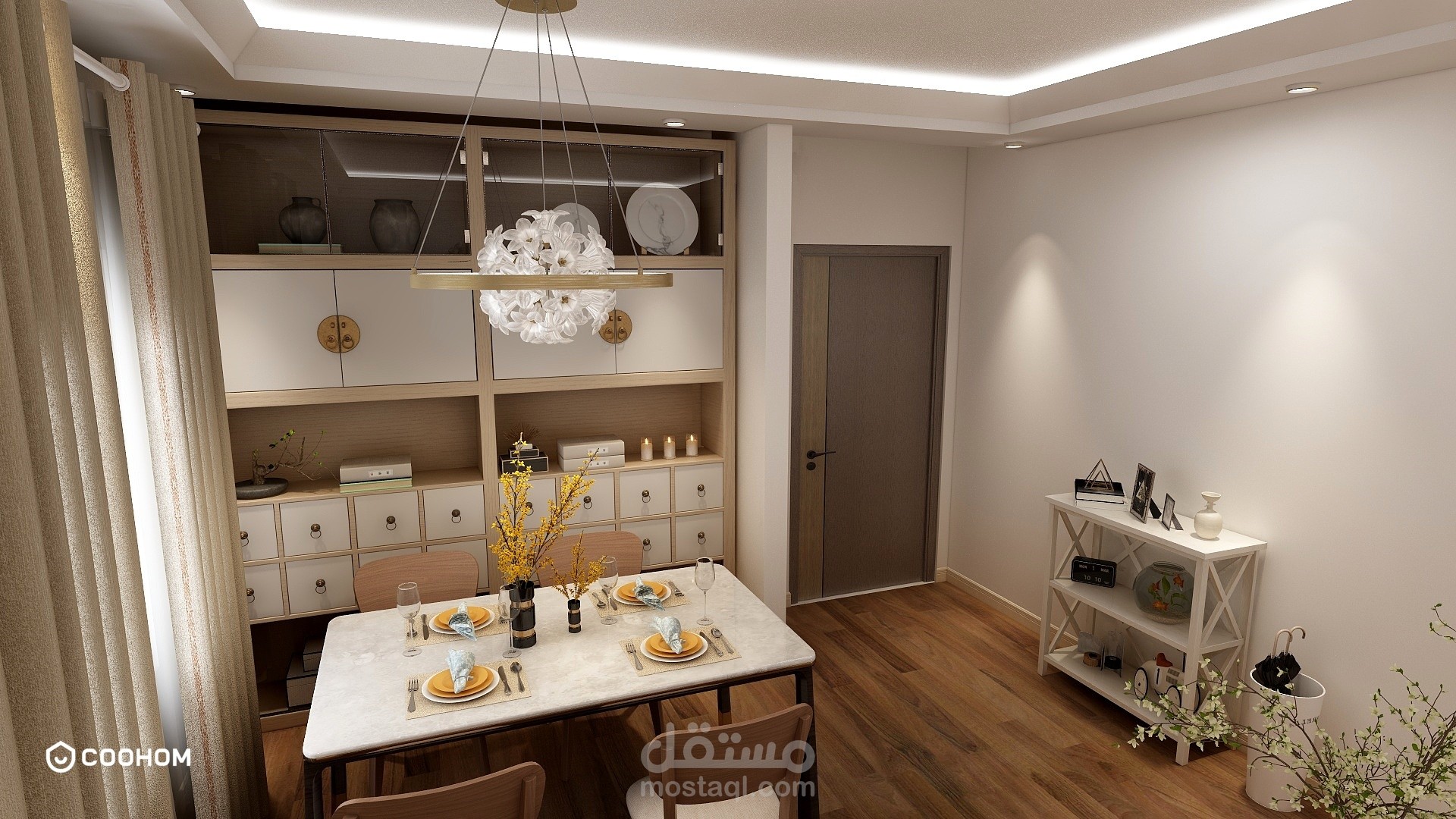تصميم داخلي لمنطقة معيشة و اكل
