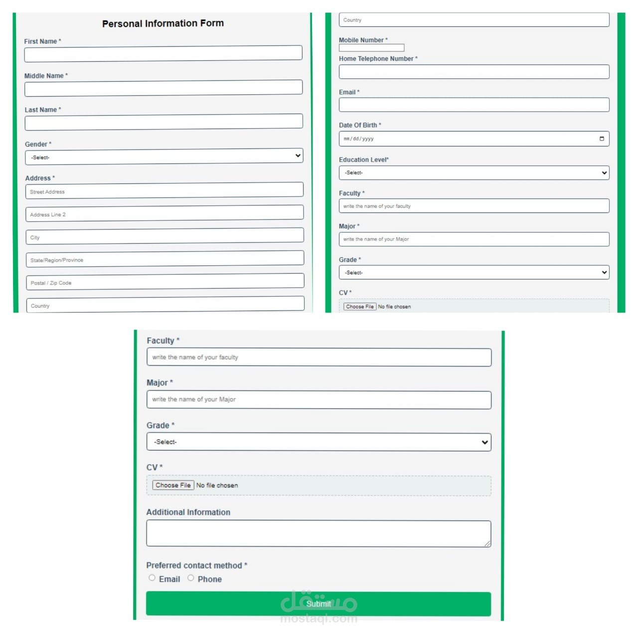 Registration personal information form