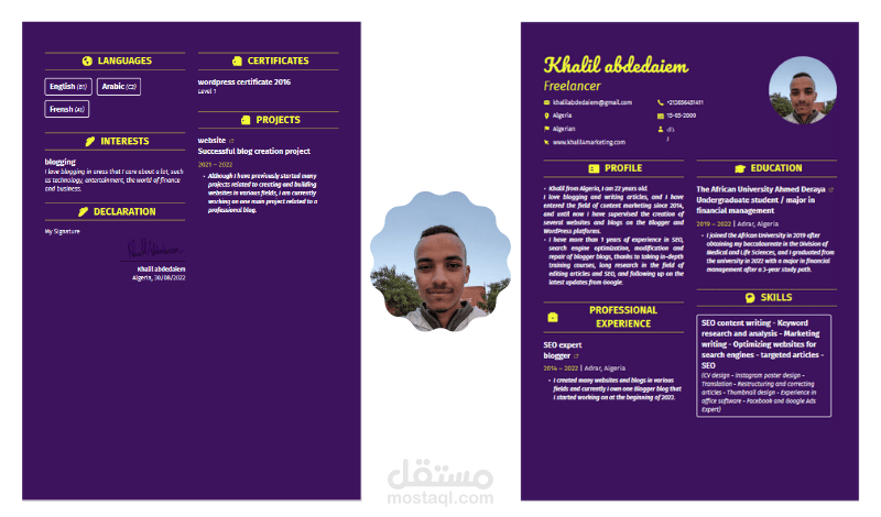 نموذج عمل حول تصميم سيرة ذاتية احترافية CV