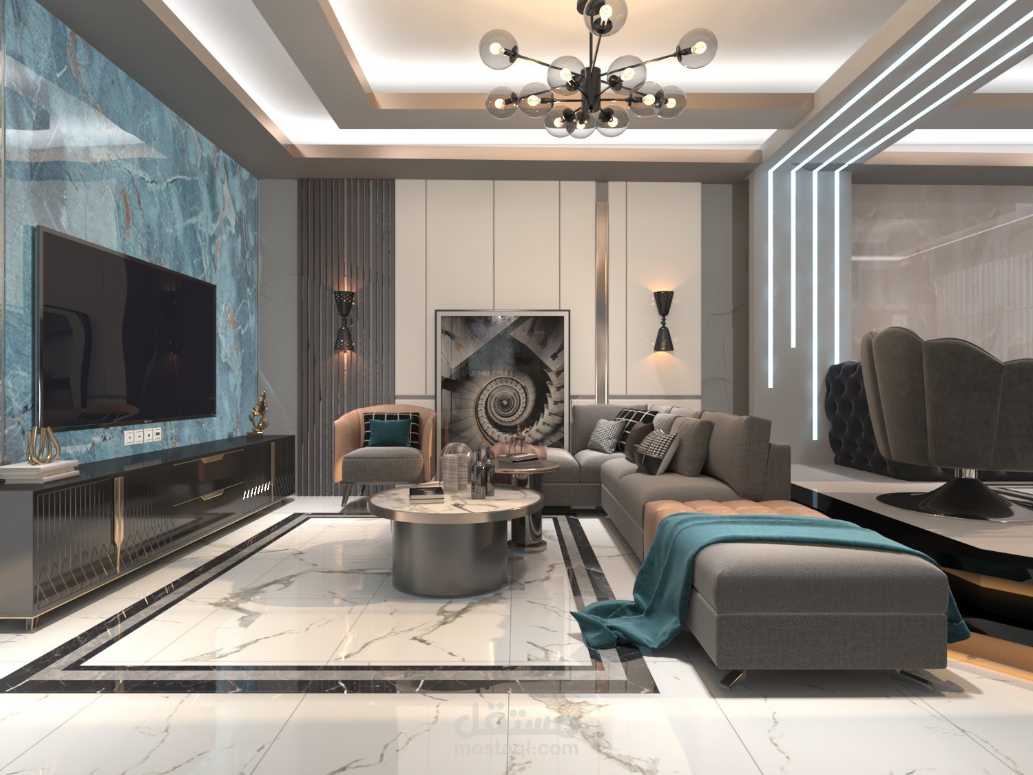 تصميم داخلى لريسبشن وسفرة وصالة معيشة  على الطراز الحديث