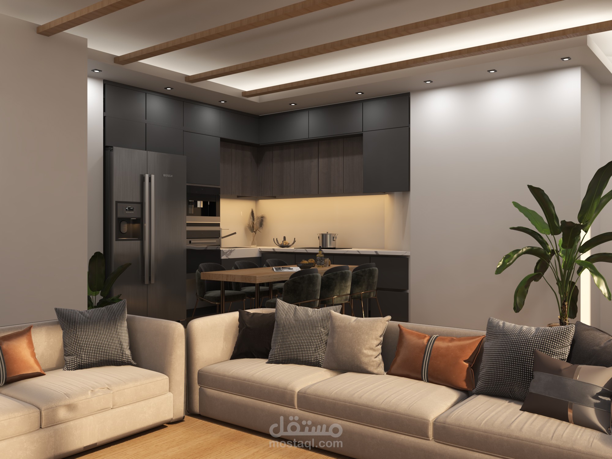 تصميم مودرن لصالة وسفرة ومطبخ امريكى