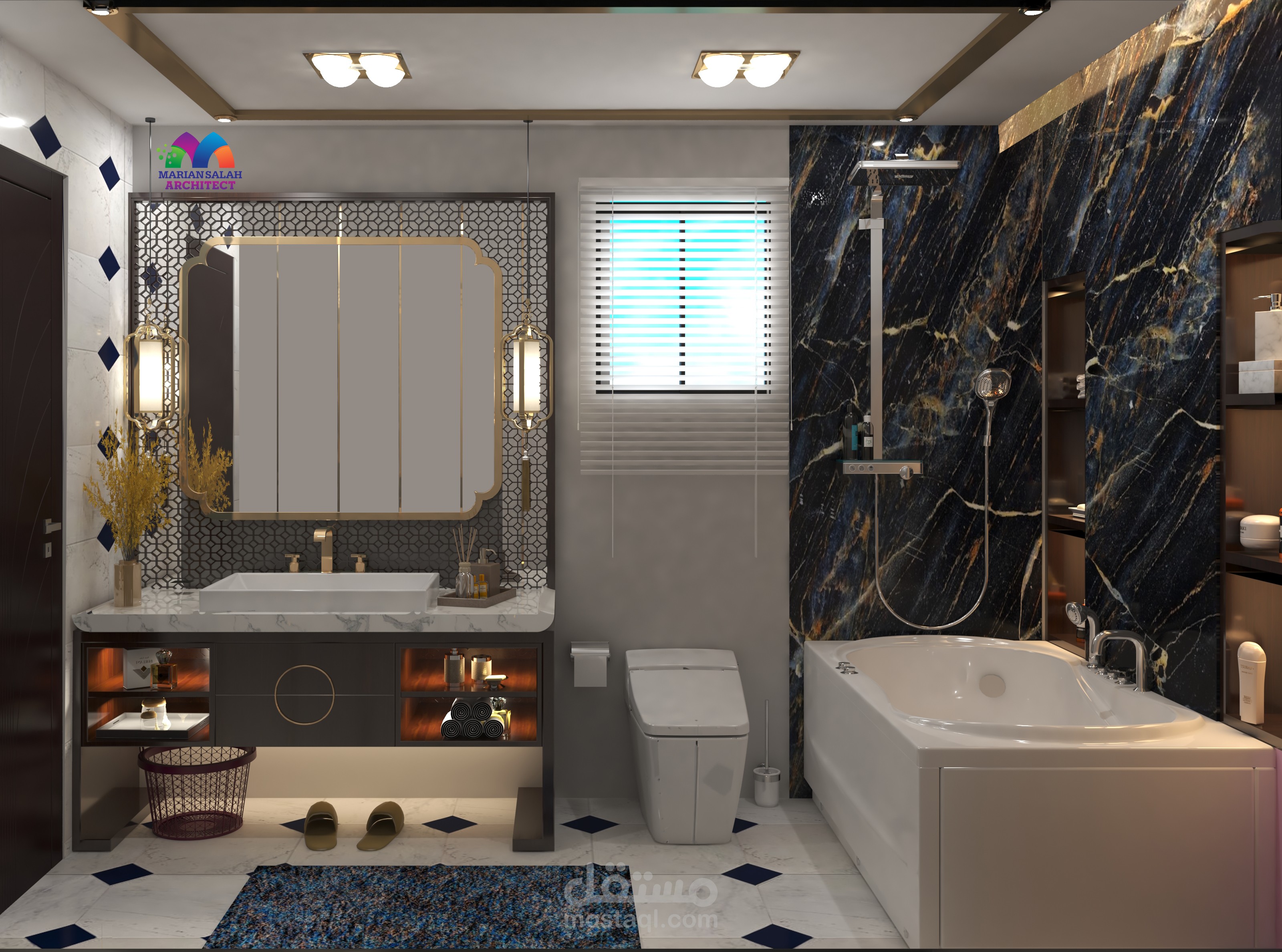 تصميم نيو كلاسيك لحمام رئيسى لشقة سكنية