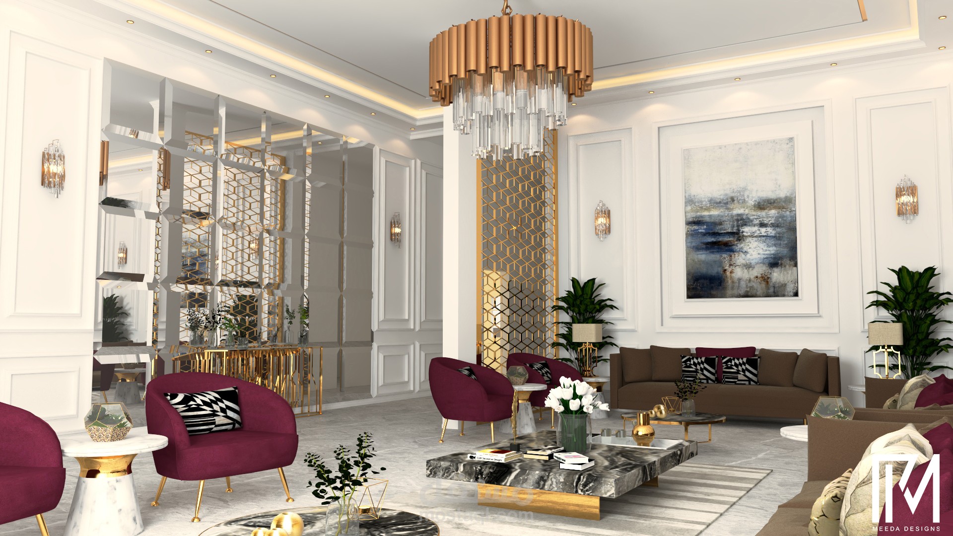 تصميم داخلي كلاسيكي حديث ثلاثي الأبعاد لفيلا  / 3D modern classic interior design for villa