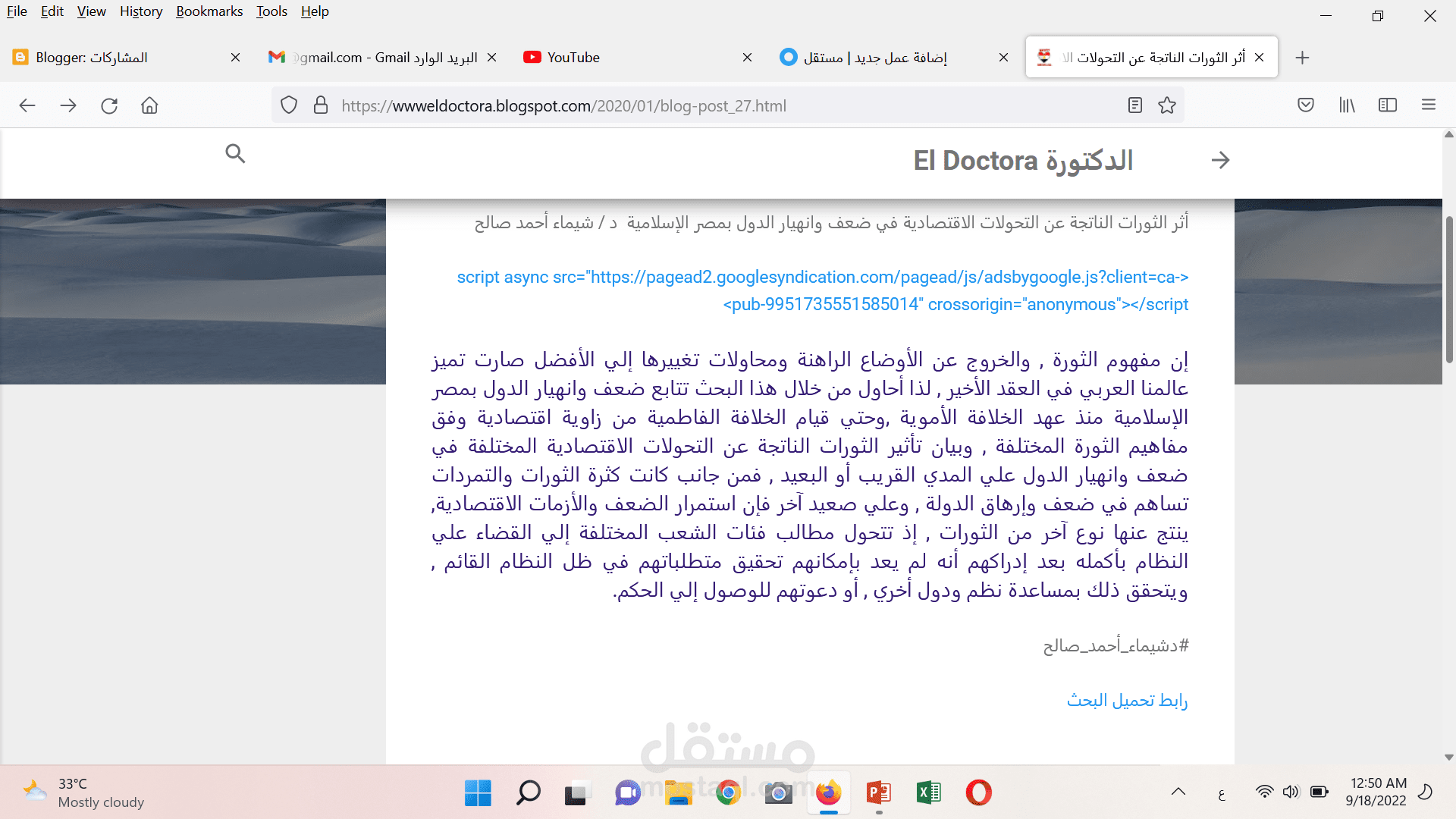 بحث أكاديمي في تاريخ  مصر الإسلامية