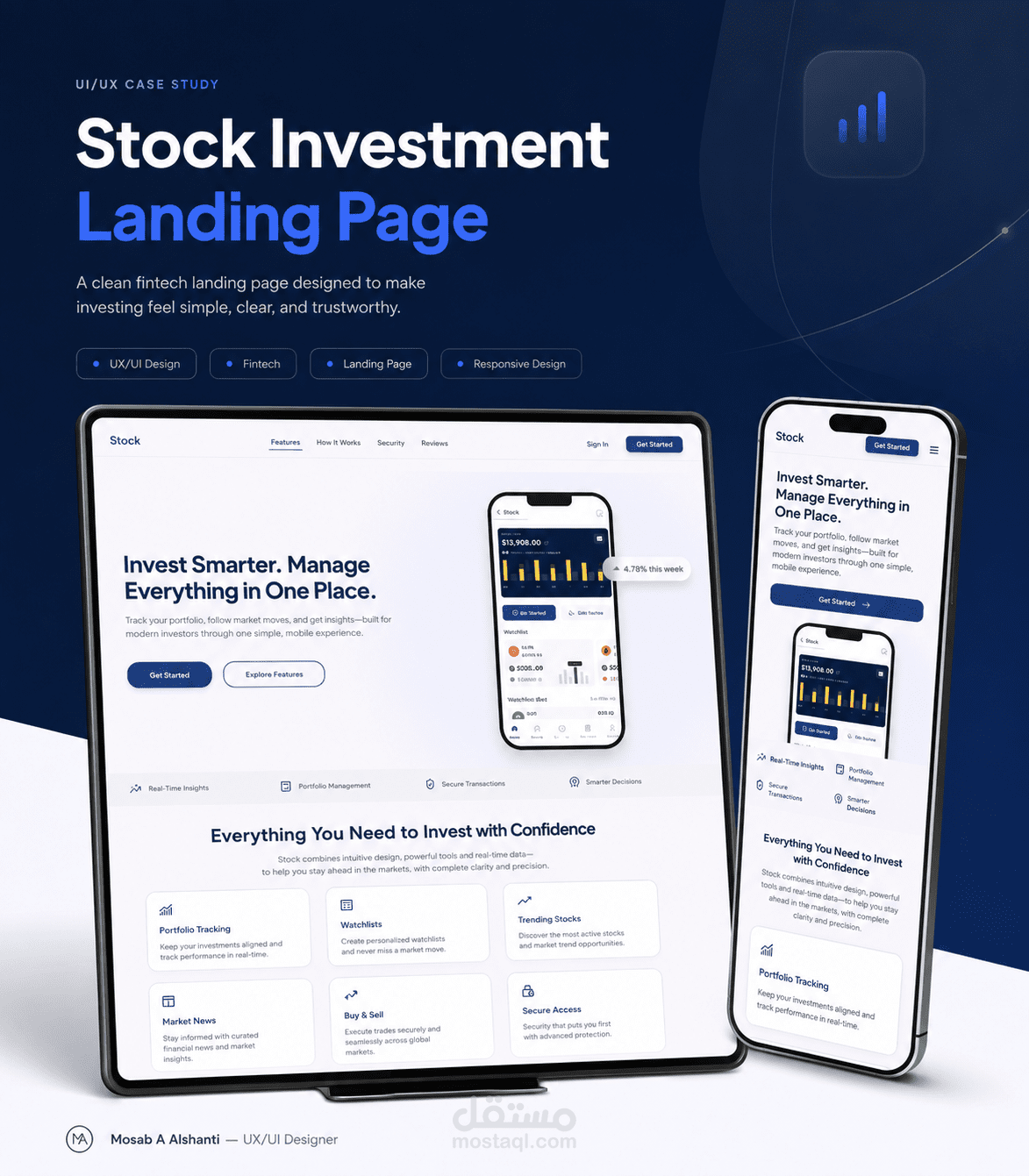 صفحة هبوط للاستثمار في الأسهم — تصميم واجهة وتجربة المستخدم (UI/UX) في مجال التكنولوجيا المالية