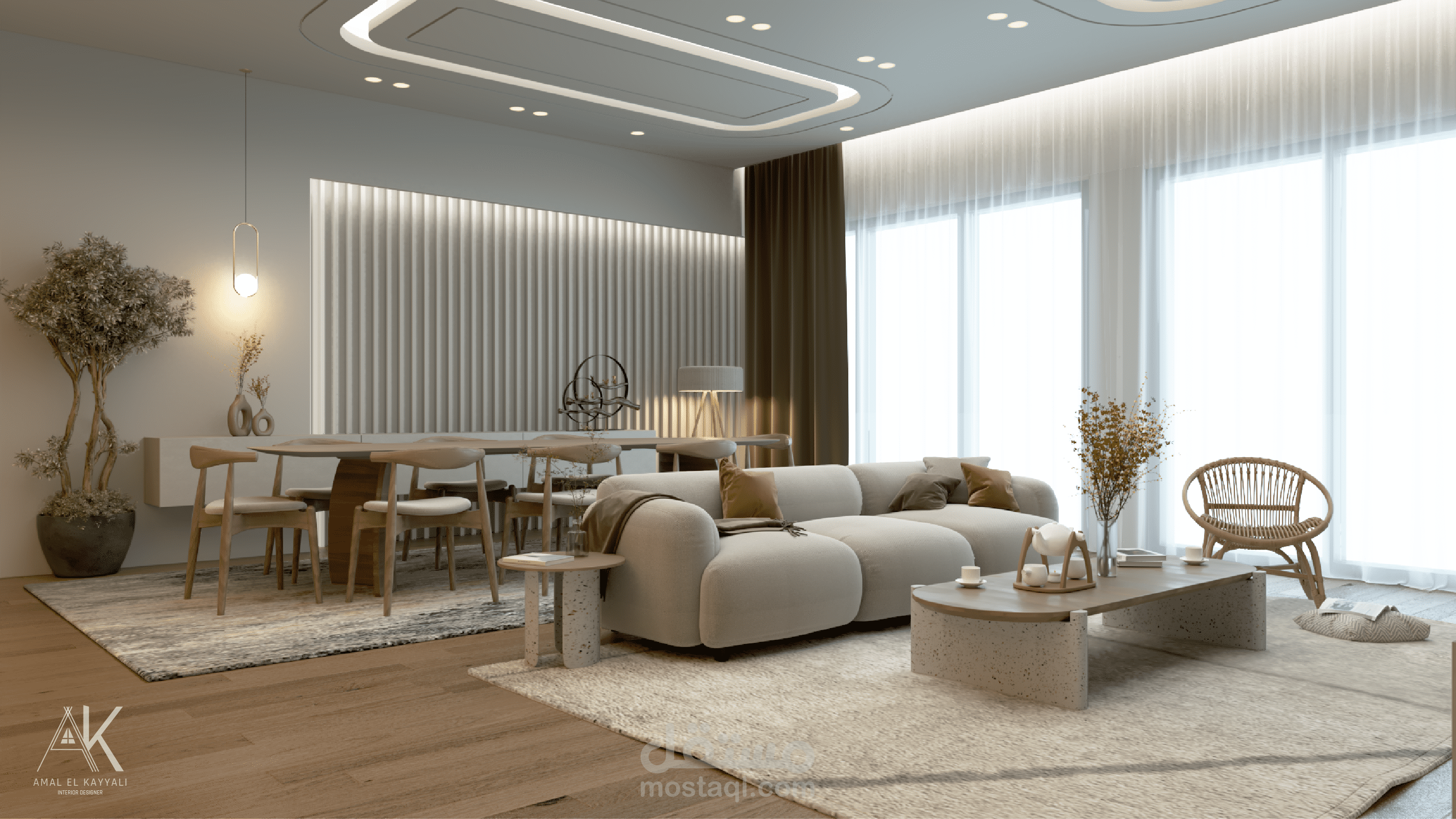 تصميم داخلي لغرفة معيشة و غرفة طعام