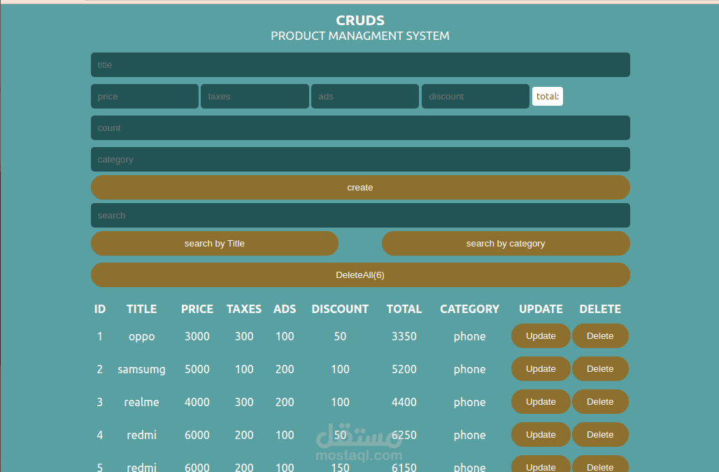 صفحه لاضافه وتعديل وحذف المنتجات