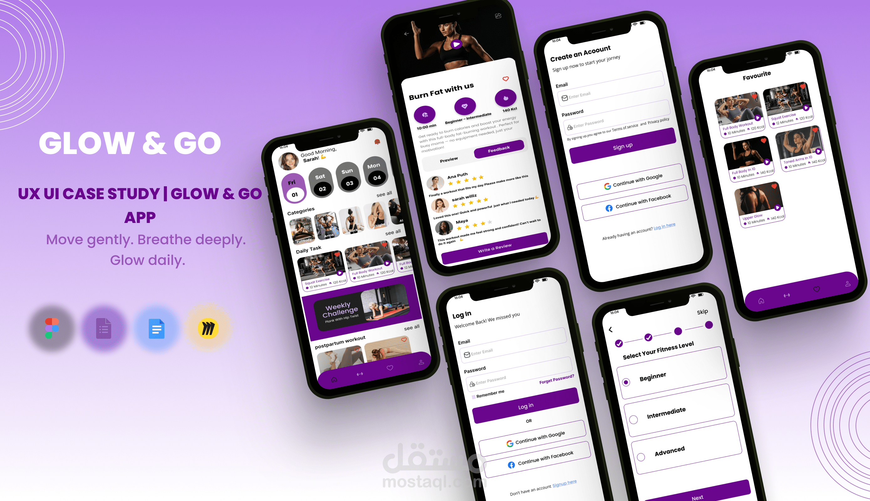 دراسة حالة UX/UI لتطبيق Glow & Go تحرّك برفق، تنفّس بعمق، وتألق كل يوم