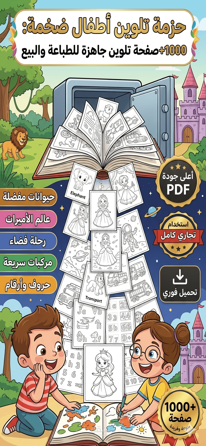 تصميم حزمة تعليمية وتلوين شاملة للأطفال (1100 صفحة) قابلة للتعديل