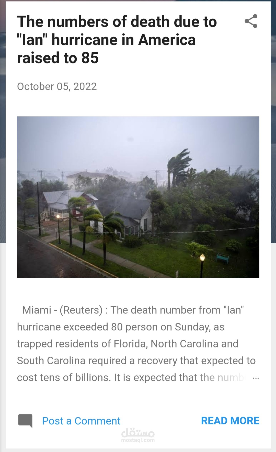 The numbers of death due to "Ian" hurricane in America raised to 85