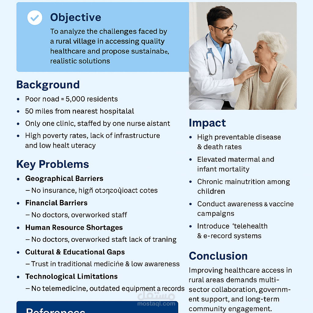تصميم لبروشور أو ملصق توعوي (Flyer) بعنوان: "Barriers to Healthcare Delivery"