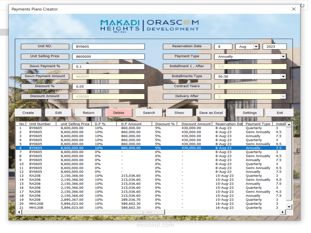 منشئ خطط السداد فى مجال العقارات ( Payments Plans Creator )