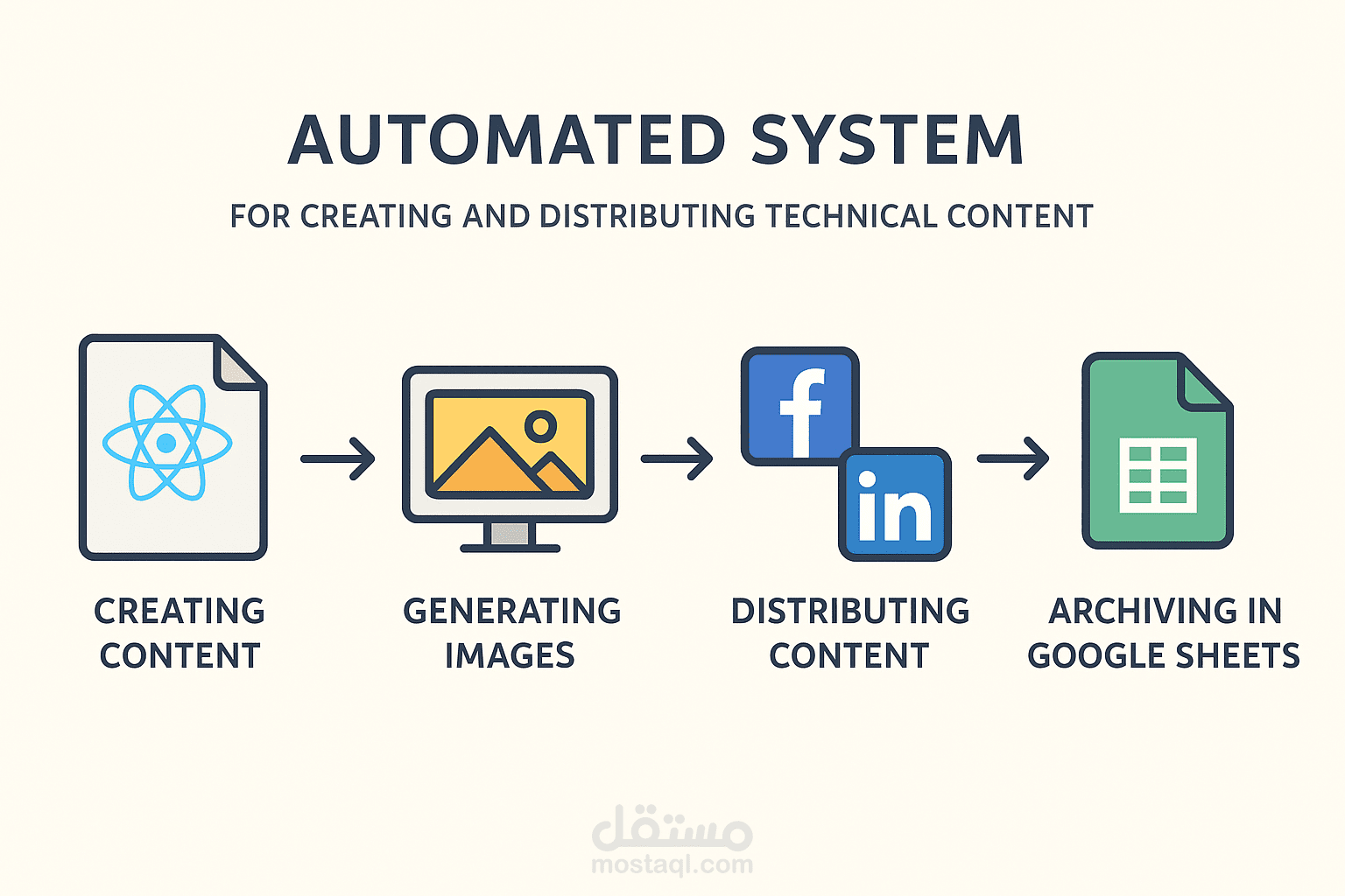 نظام آلي لإنتاج ونشر محتوى تقني إبداعي على فيسبوك ولينكدإن مع تخزينه في Google Sheets