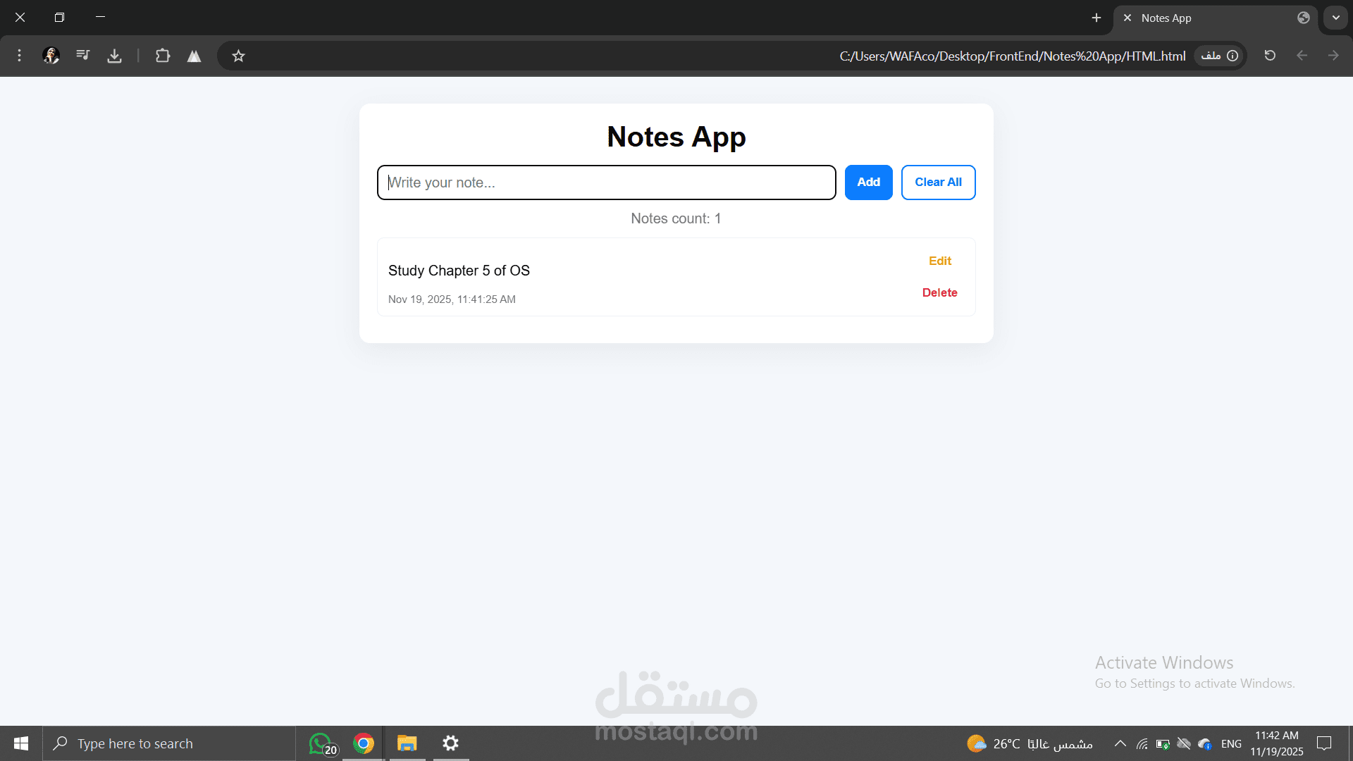 Notes App – Simple Web Application using HTML, CSS, and JavaScript