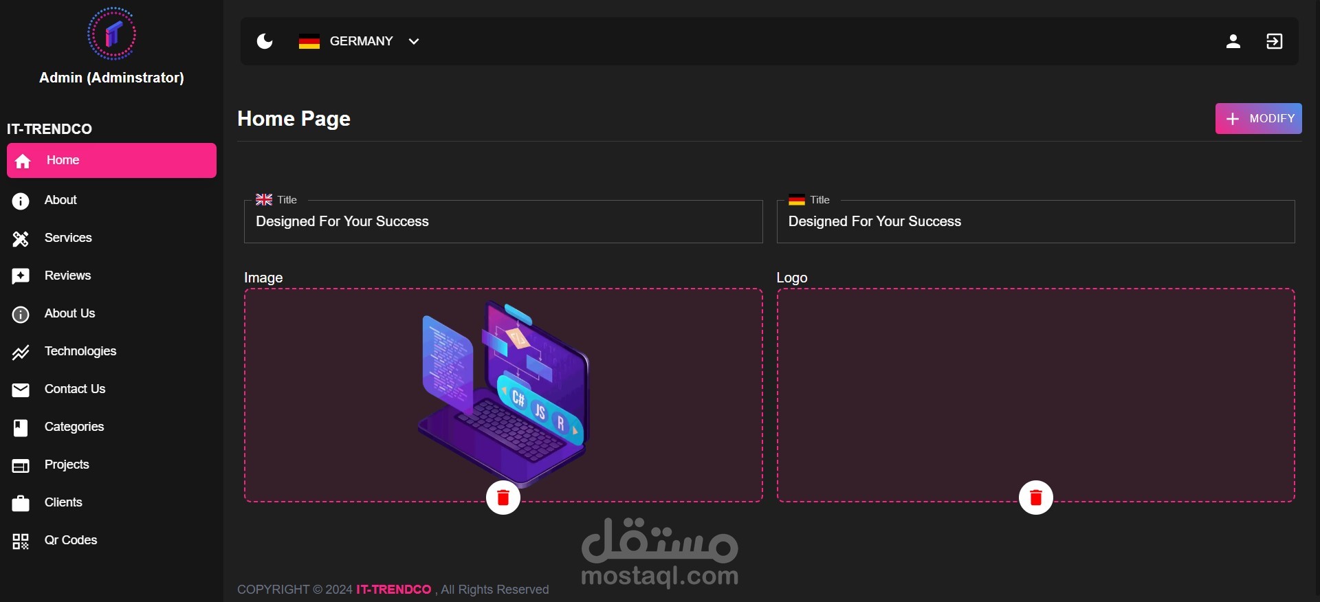 لوحة تحكم لموقع الشركة الشخصي