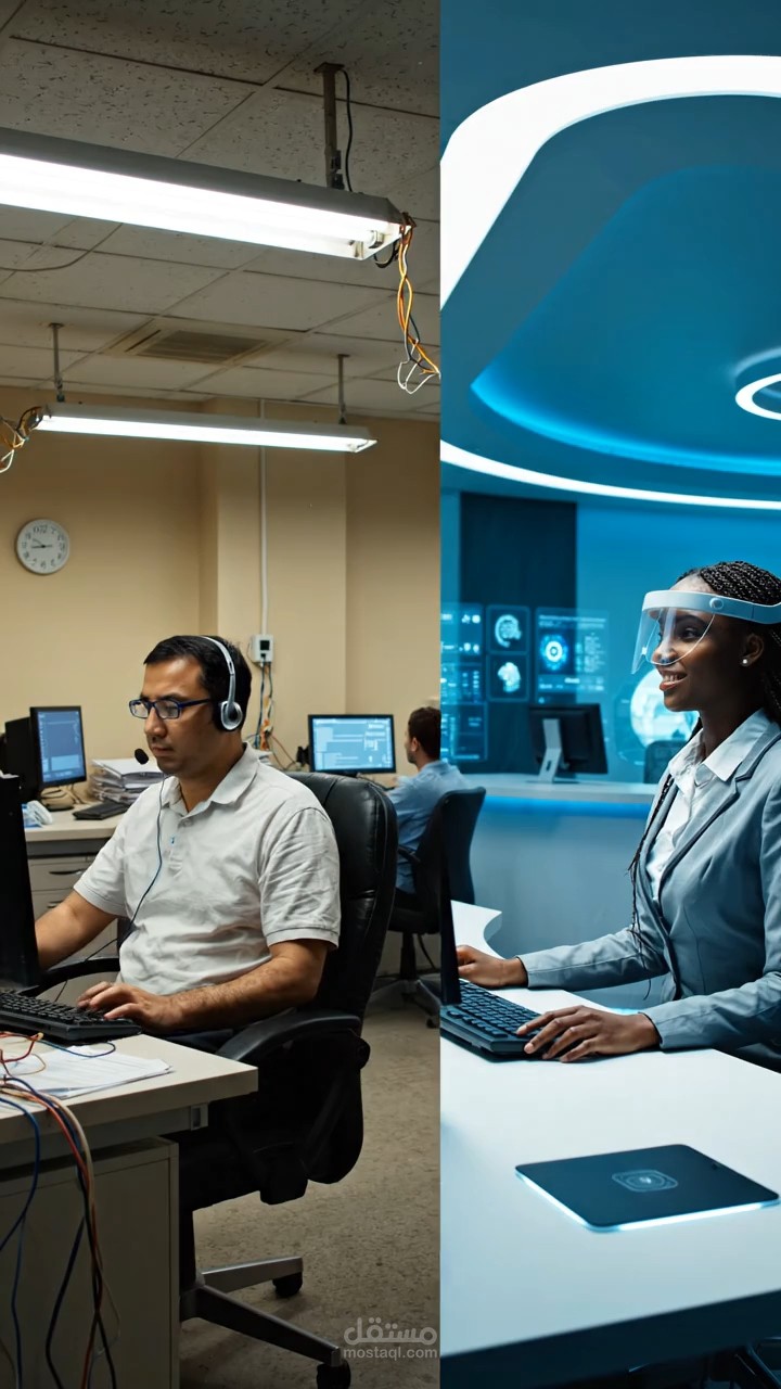 تصميم ديكور بصري وفيديو ترويجي لمركز اتصال بتقنيات الذكاء الاصطناعي.