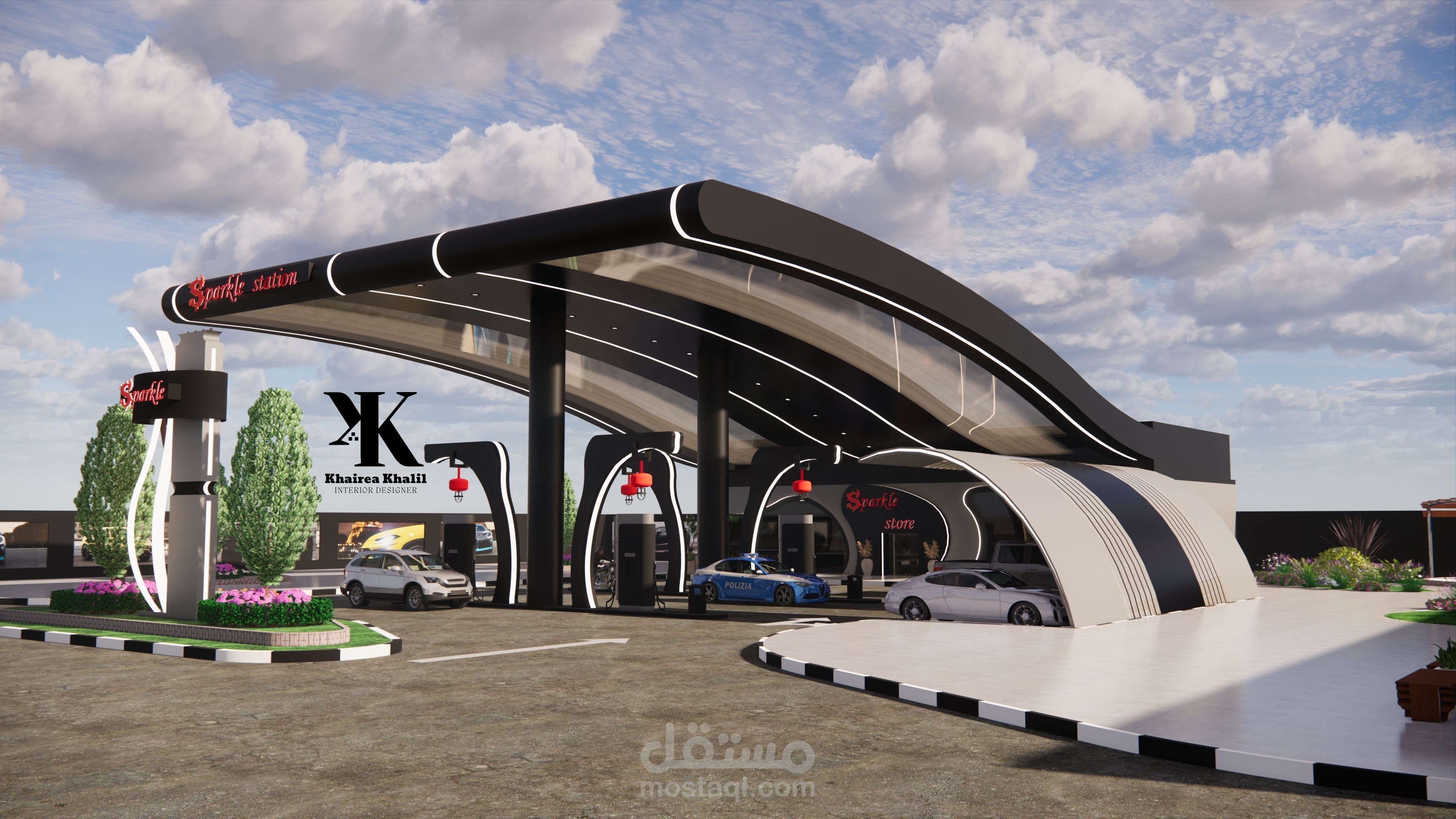 تصميم محطة بنزين باللونين الأسود والرمادي