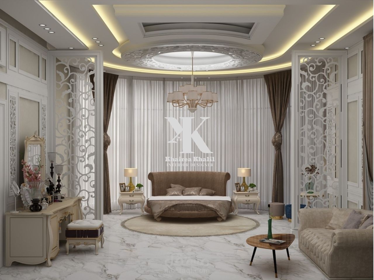 تصميم غرفة نوم رئيسية على الطراز الكلاسيك.