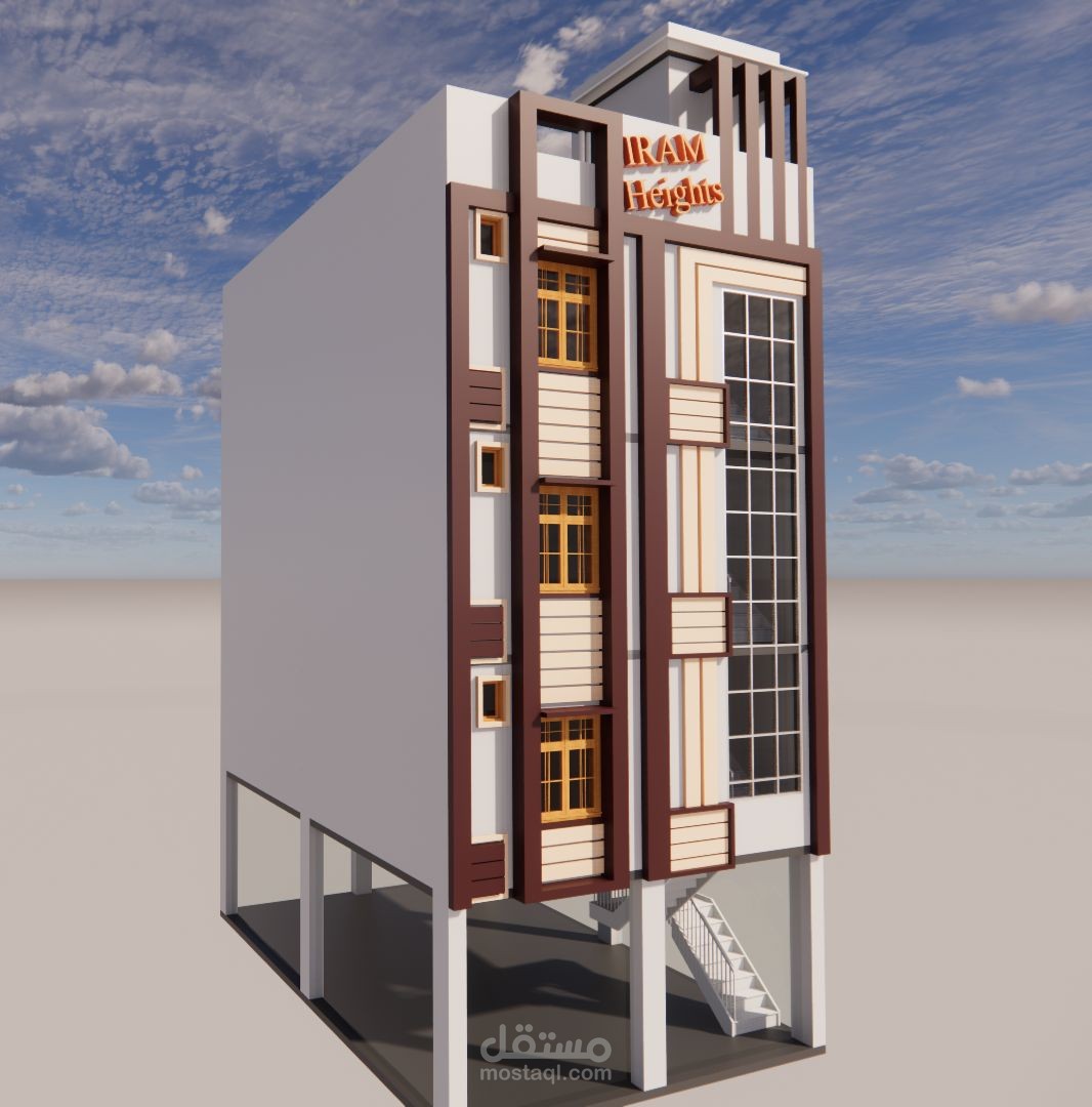 السعودية: نموذج ثلاثي الأبعاد لبرج تجاري باستخدام ال Revit مؤلف من 5 طوابق وقبو للباركينغ وحساب الكميات الخاصة به