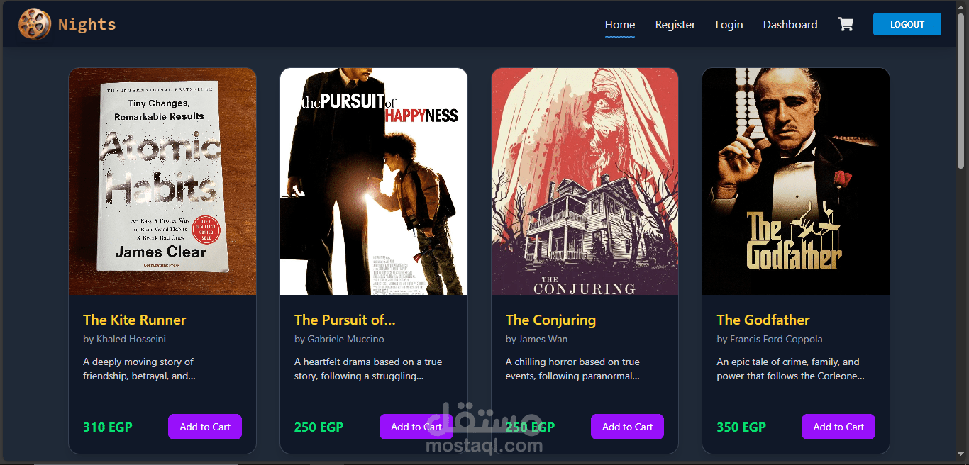 منصة أفلام متكاملة باستخدام MERN Stack تتيح عرض الأفلام بسهولة مع إمكانية التصفية والتقسيم إلى صفحات (Pagination)، مما يُبرز مهارات تطوير الويب الكاملة (Full Stack).