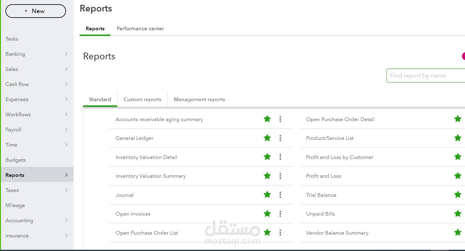 تقارير مالية لشركة افتراضية على Quickbooks