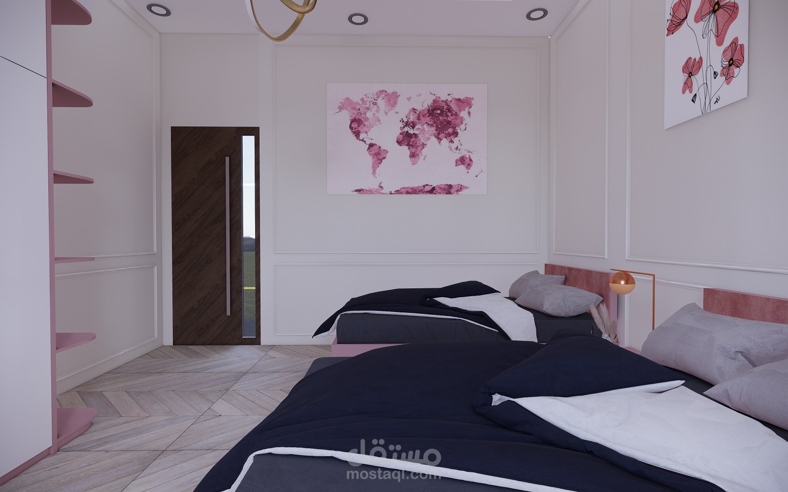 تصميم داخلي غرفة فتيات بألوان مميزة على الطراز الموردن