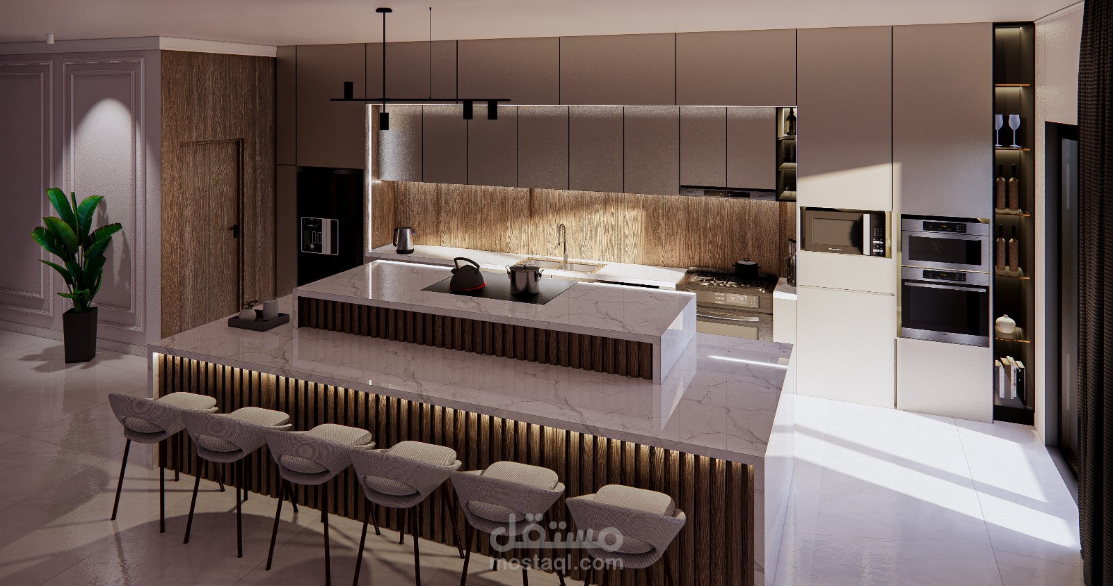 تصميم مودرن و خططات تنفيذية و فيديو انيميشن لمطبخ