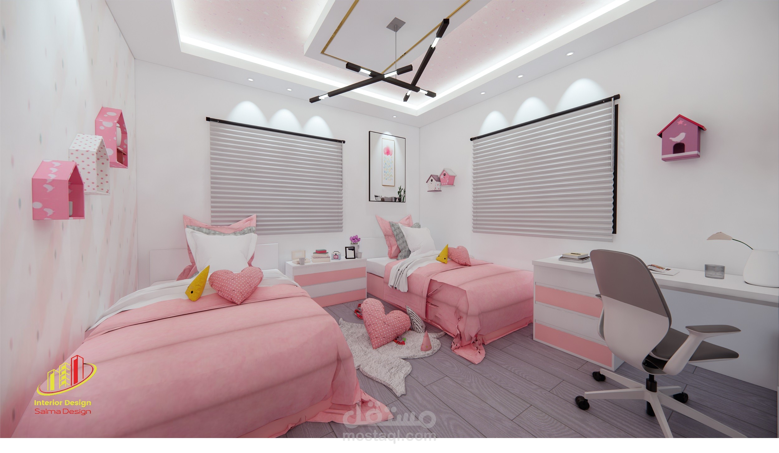 تصميم تصميم داخلي لغرفة نوم بنات بتصميم داخلي مميز والوان جذابة بالطراز المودرن