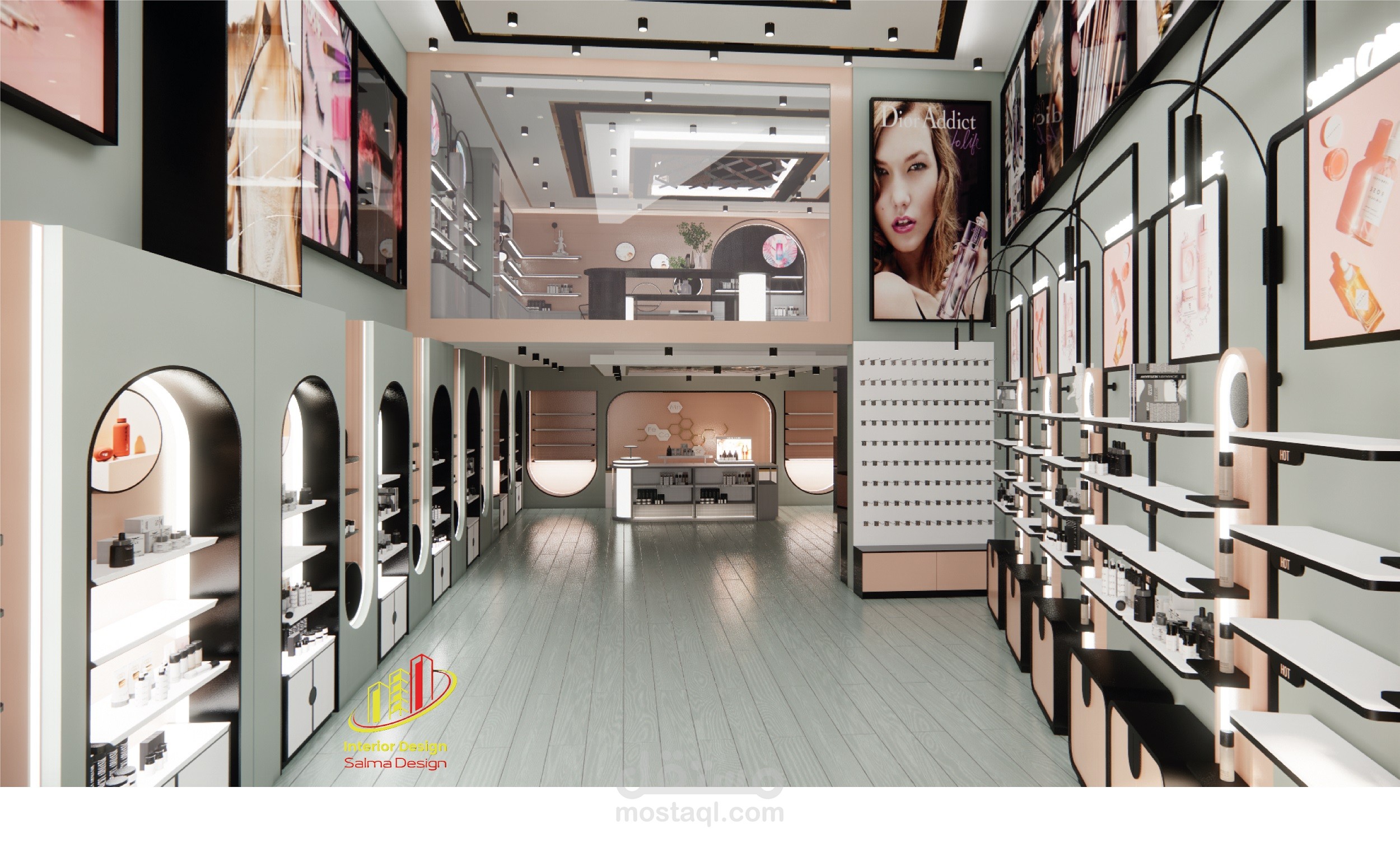 تصميم داخلي لمحل تجاري مستحضرات تجميل مميز والوان جذابة بالطراز الارت ديكو