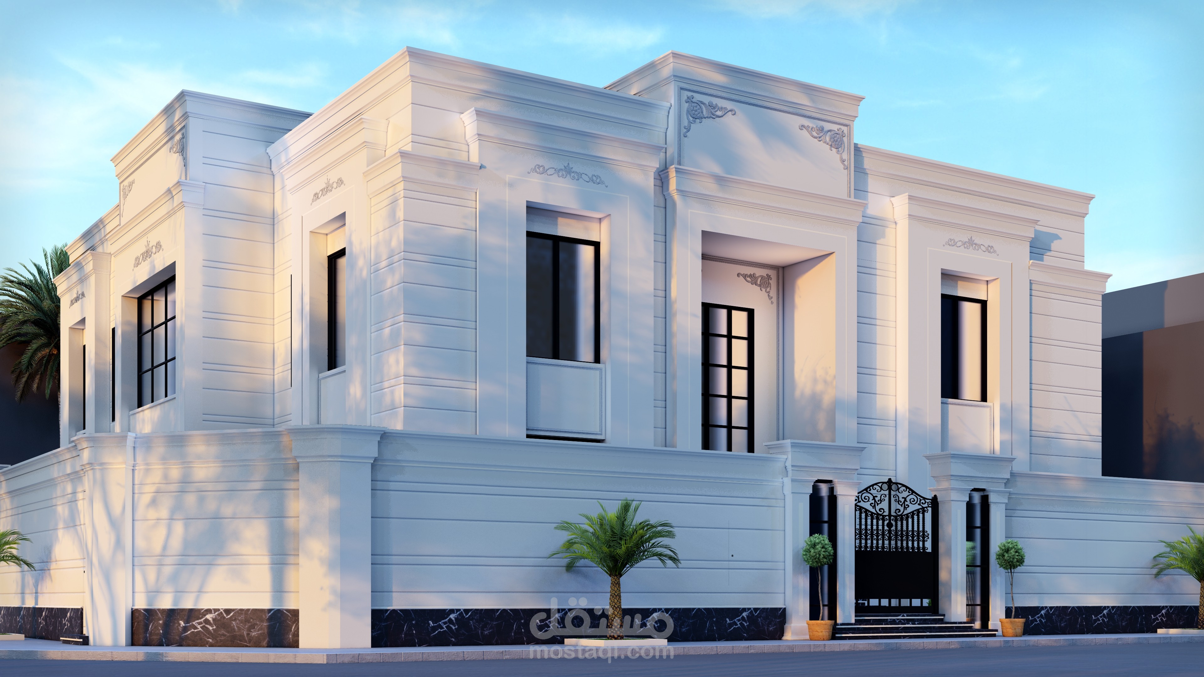 تصميم واجهة فيلا نيو كلاسيك وفاخرة مع لاندسكيب وإضاءة خارجية