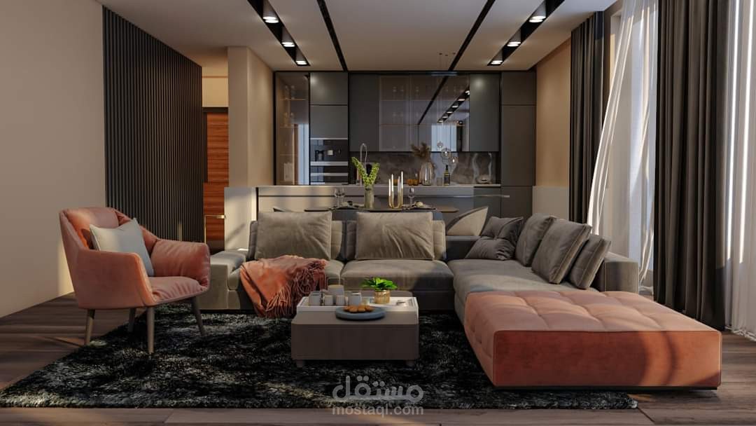 تصميم غرفه معيشة مع مطبخ امريكي