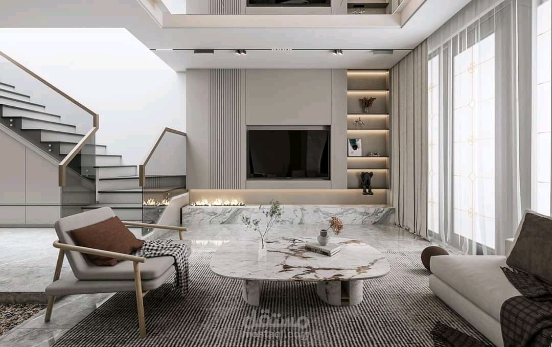 تصميم صالة معيشة ومطبخ  بطراز مودرن