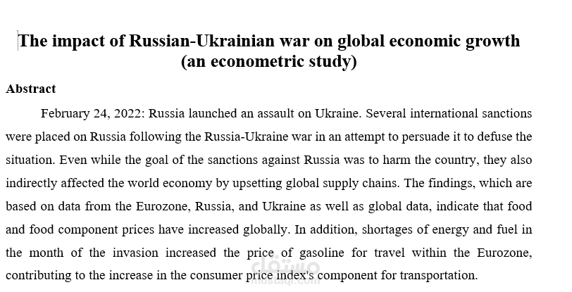 The impact of Russian-Ukrainian war on global economic growth (an econometric study)