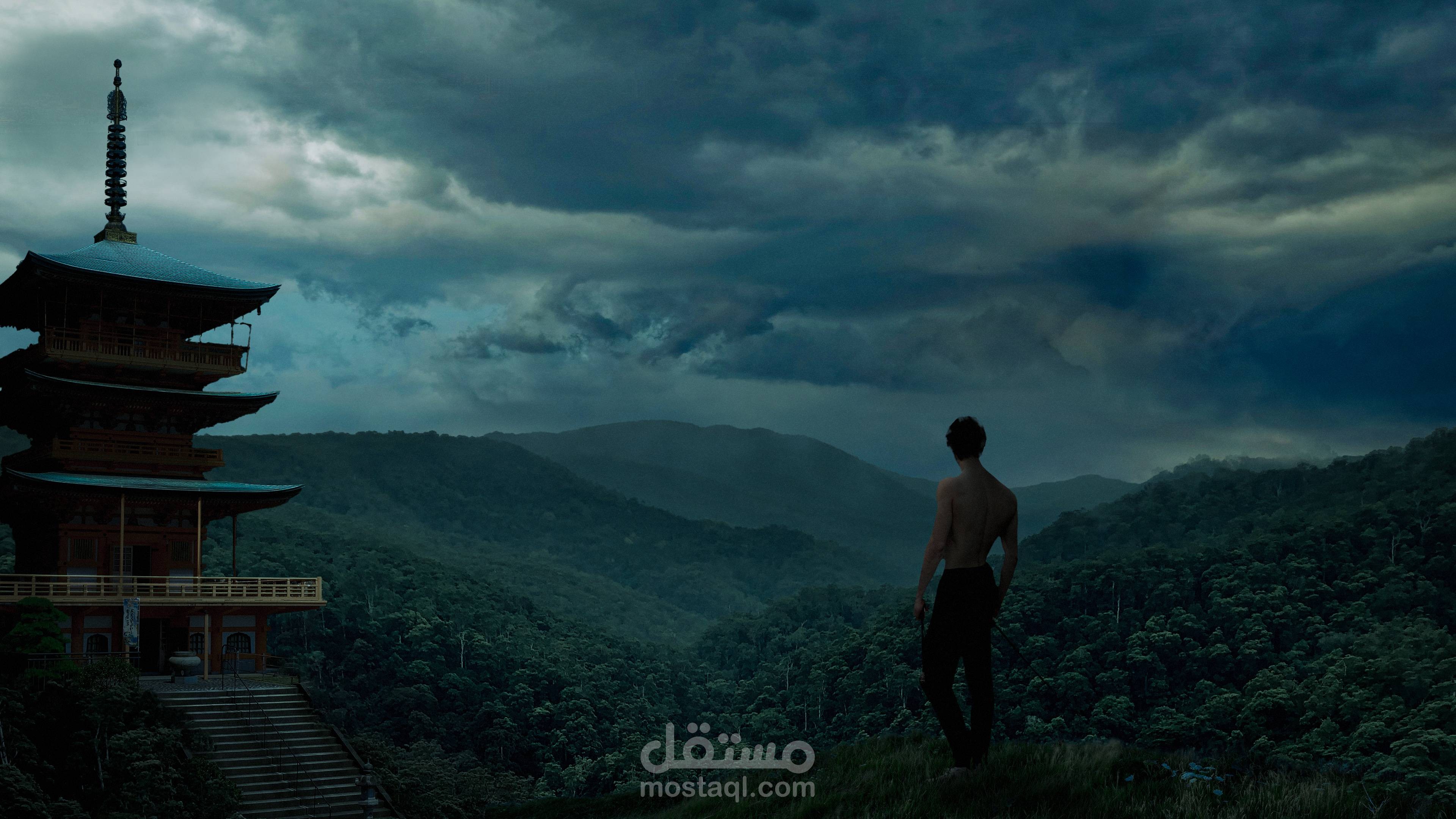 تصاميم خيالية وإبداعية بالفوتوشوب مشهد فوتومانبيوليشن درامي لرجل يواجه الأفق المظلم بجانب معبد ياباني تقليدي، يرمز إلى بداية رحلة غامضة وملحمية – Photo Manipulation بجودة عالية