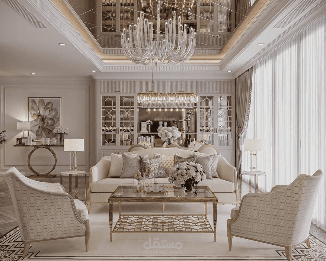 تصميم غرفة معيشة بنمط نيوكلاسيك