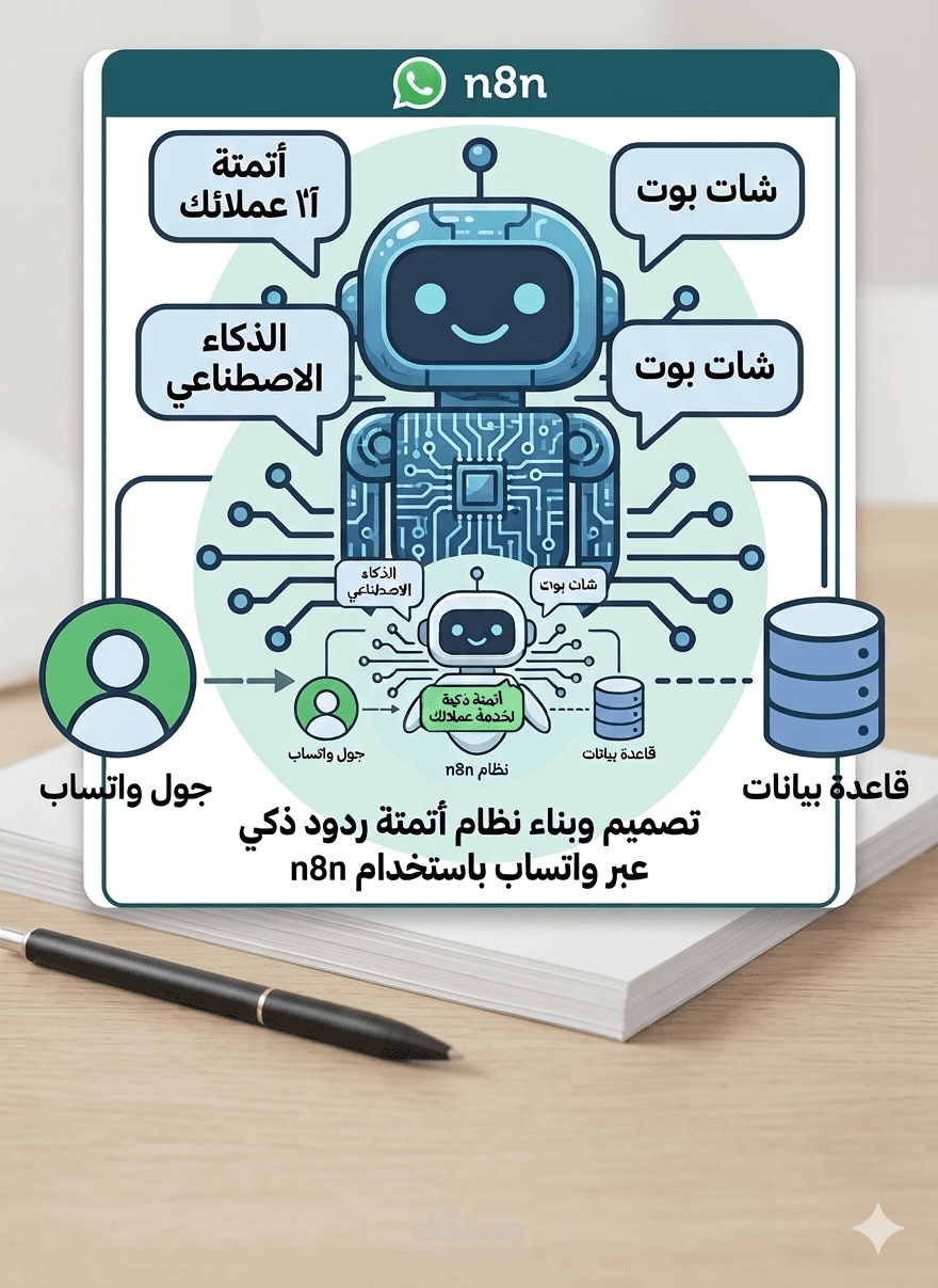 "تصميم وبناء نظام أتمتة ردود ذكي chatbot عبر واتساب باستخدام n8n"