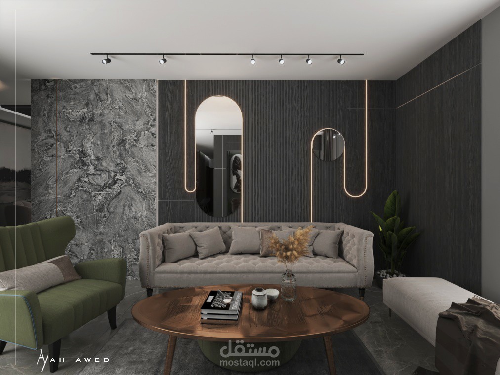 تصميم داخلي مع الرسومات الخاصه بالتنفيذ والمواد المستخدمه