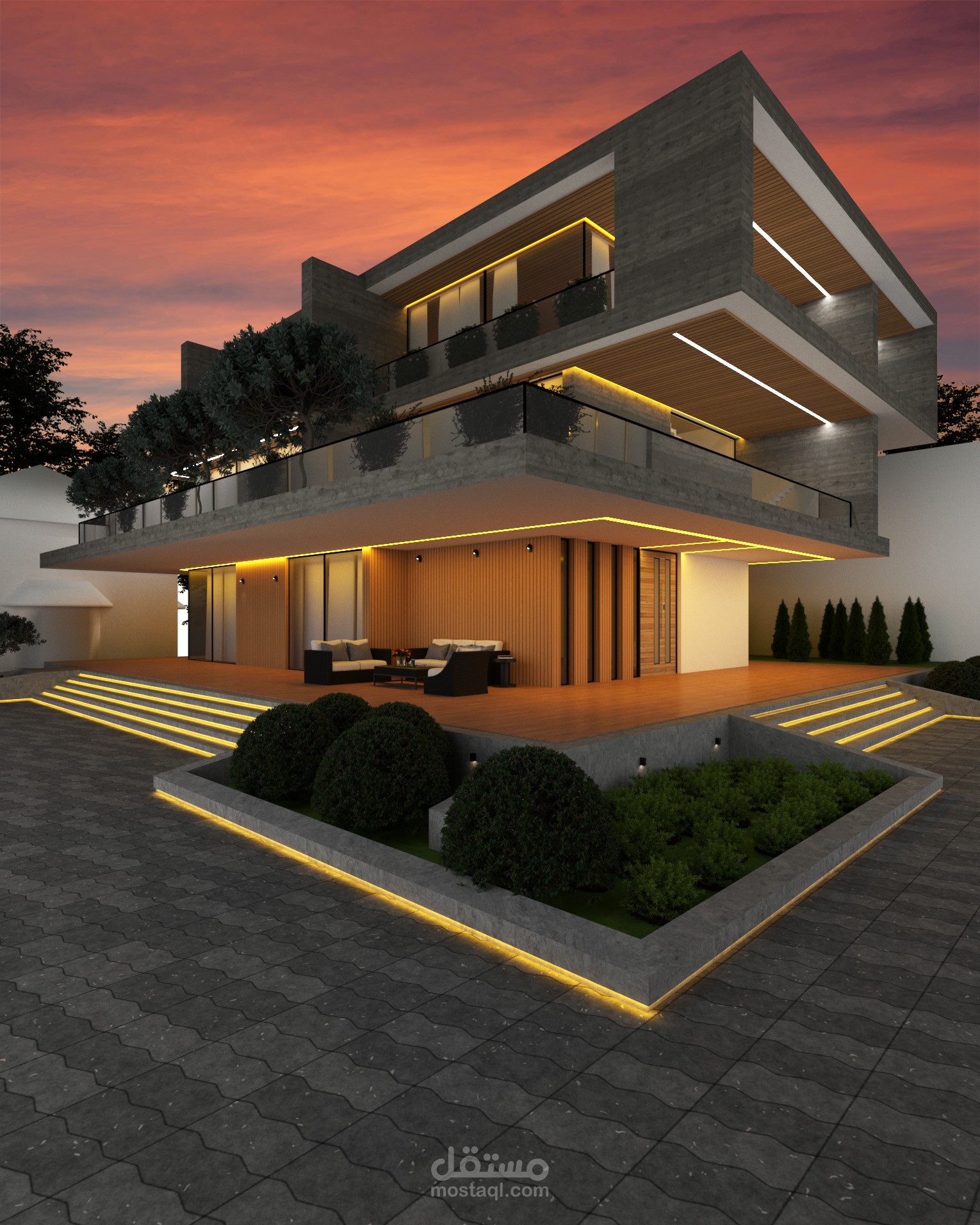تصميم الواجهة الخارجية لفيلا بثلاث طوابق