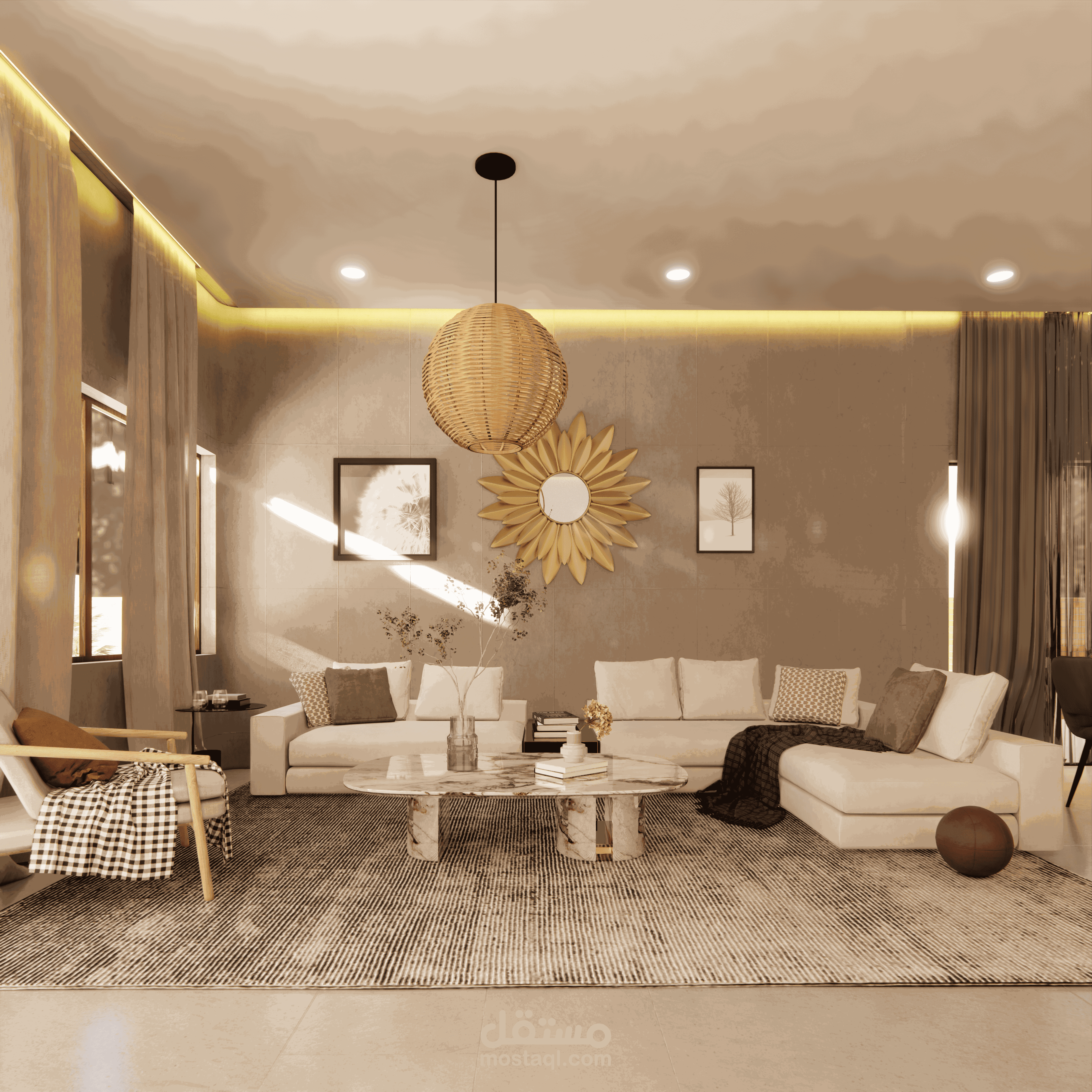 تصميم داخلي لغرفة جلوس مع غرفة الطعام