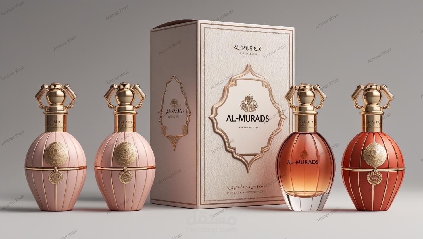 اريد بكج يتكون من اربع عطور على شكل قنبله والاسم التجاري المرادس ابي تصميم كامل الغلاف والبوكس والاسم جميع الاشياء