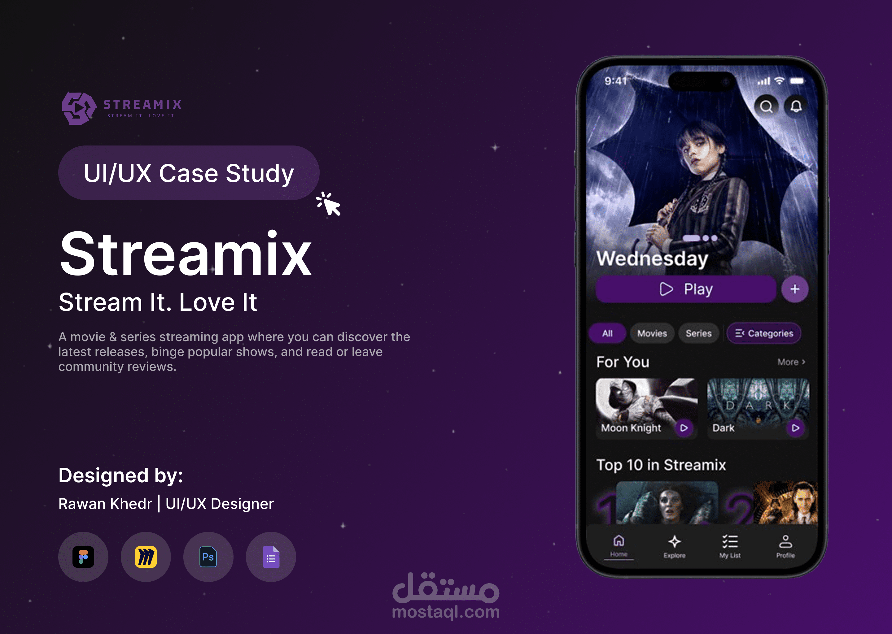 Streamix – تطبيق موبايل لمشاهدة الأفلام والمسلسلات (تصميم UI/UX)