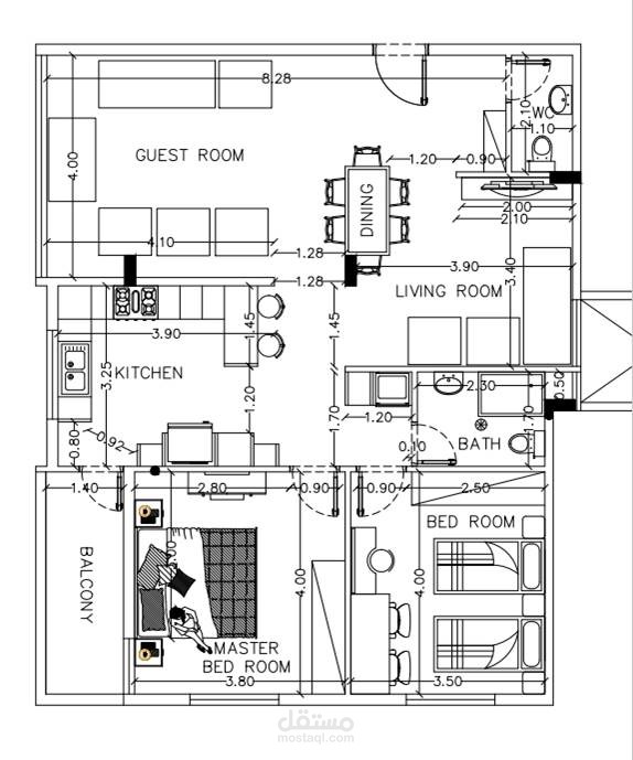 تصميم مخطاطات معمارية لبيت بمساحة 110م2