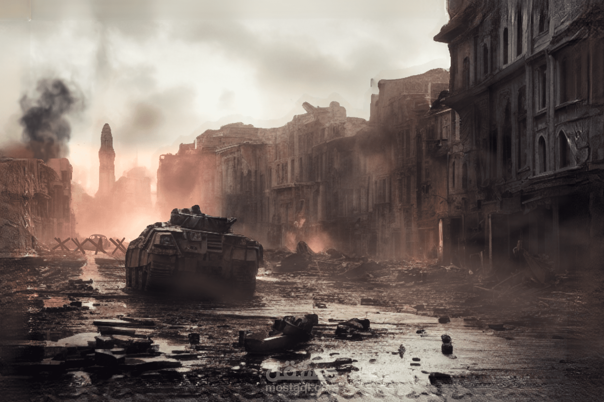 مشهد سينيمائي لمدينة مدمرة بعد الحرب