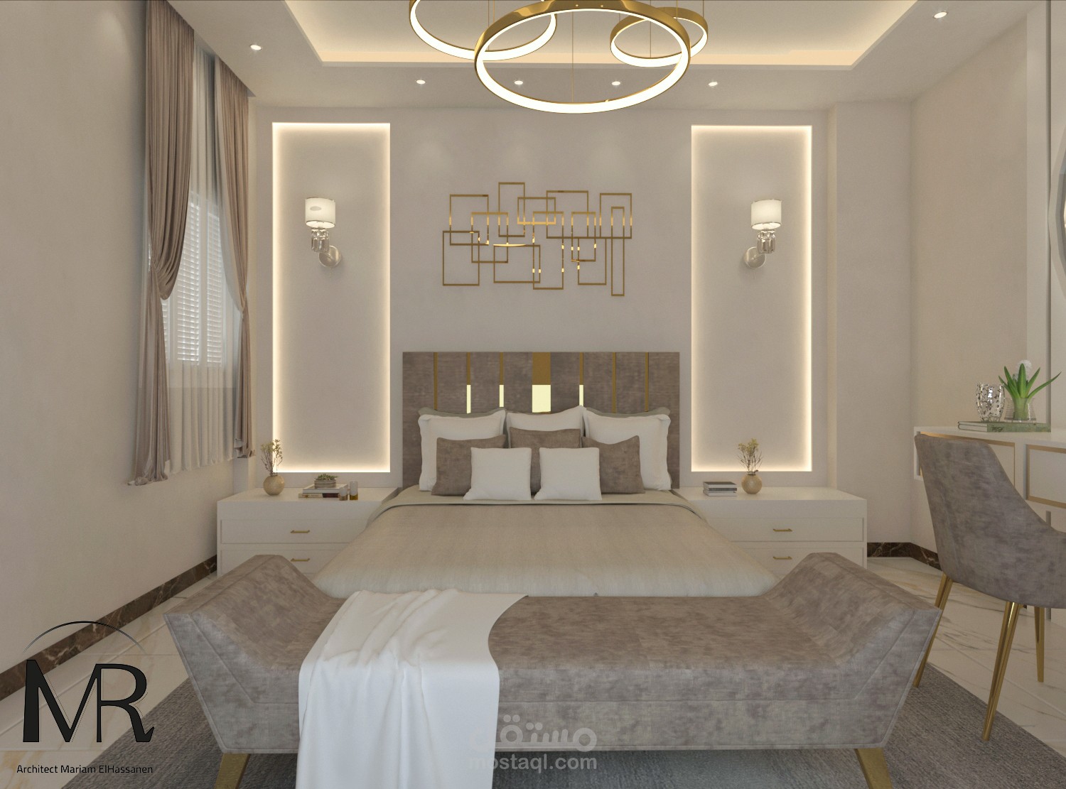 تصميم غرفة نوم رئيسية مع حمام خاص بها على الطراز الحديث