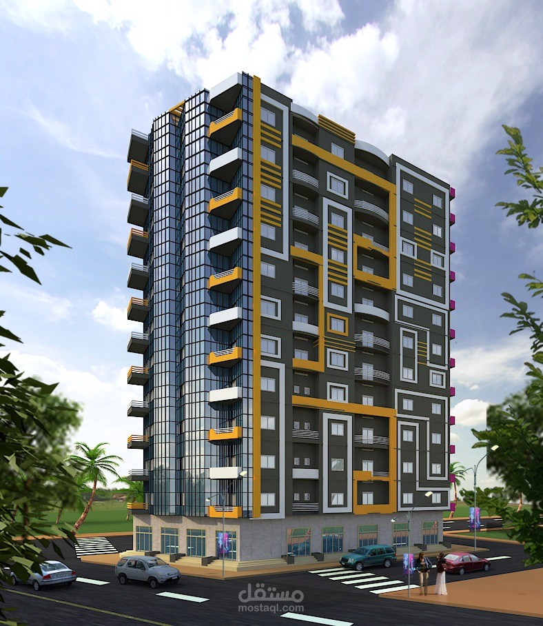 تصميم عمارة سكنية 12 دور  2d و 3d  وإنشائي للهيكل الخرساني والأساسات