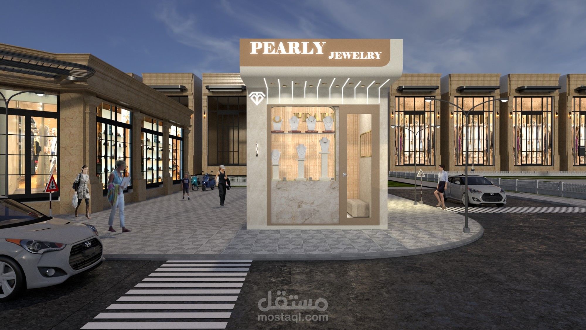 تصميم داخلي و خارجي لمحل مجوهرات ( Pearly jewelry )