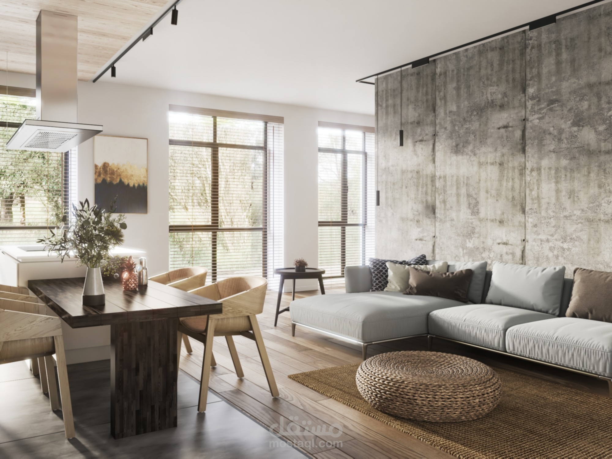 تصميم داخلي لفراغ معشه ومطبخ