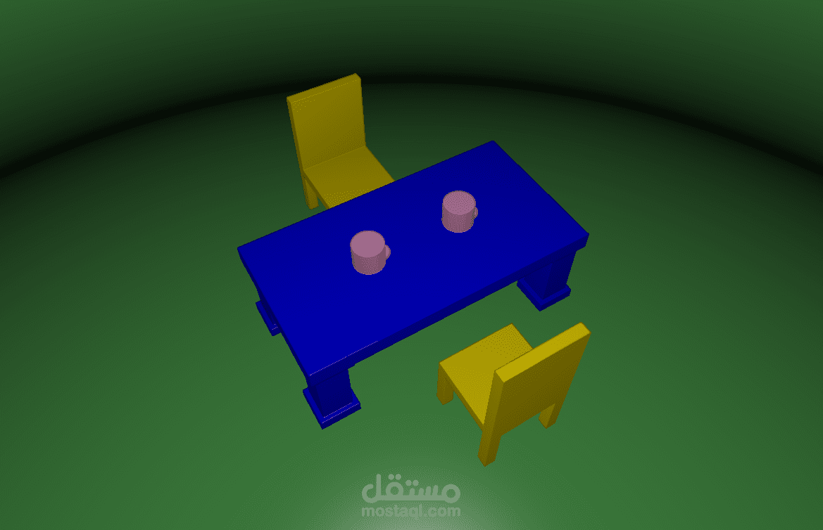 تقنية Ray Marching لإنشاء مشهد ثلاثي الأبعاد تفاعلي يحتوي على طاولة وكراسي وأكواب شاي.