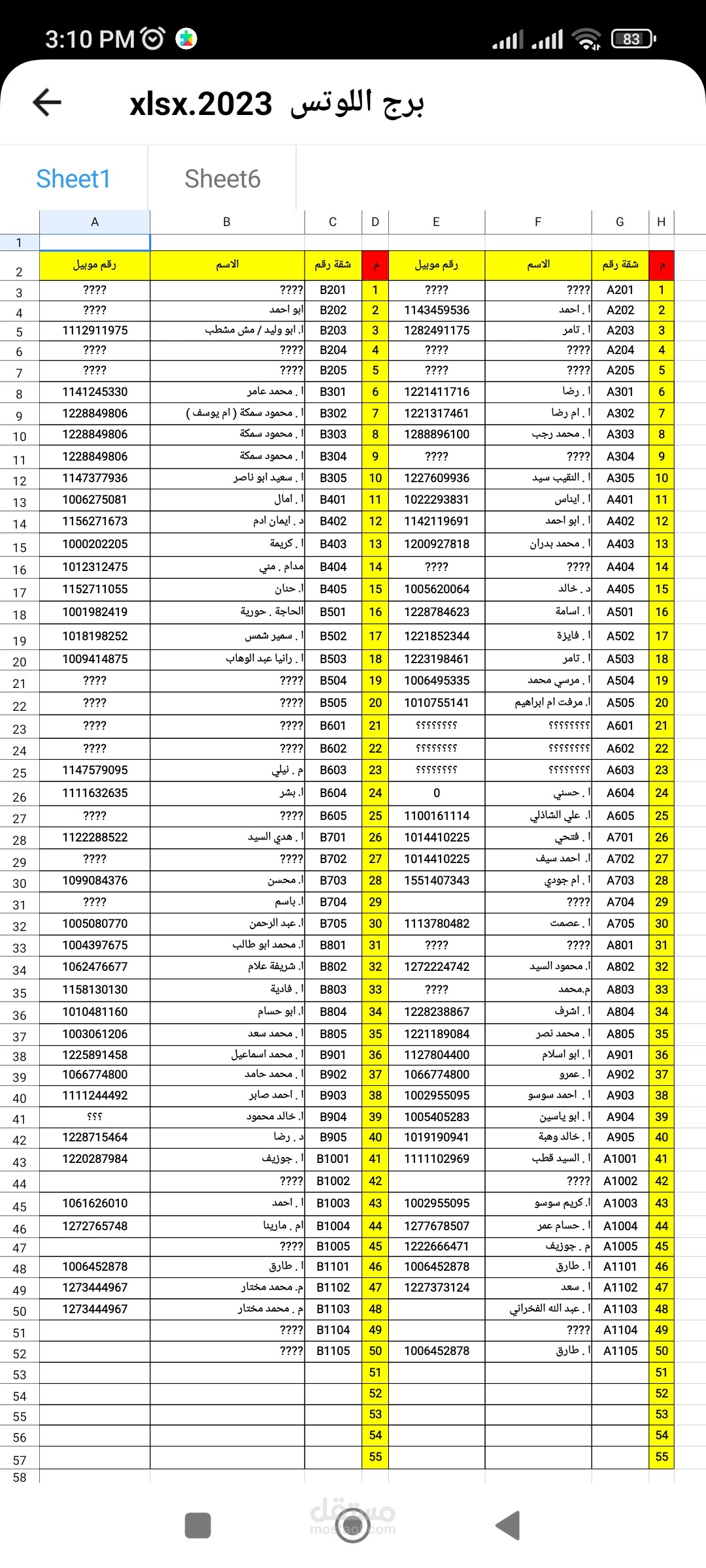 عمل شيت اكسيل لبيانات سكان