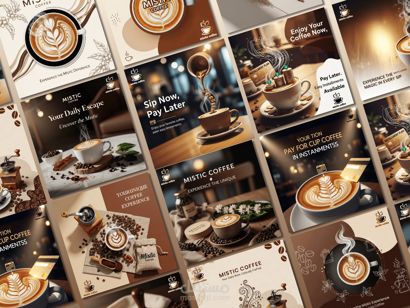 تصميمات وسائل التواصل الاجتماعي لعلامة القهوة الفاخرة Mistic Coffee